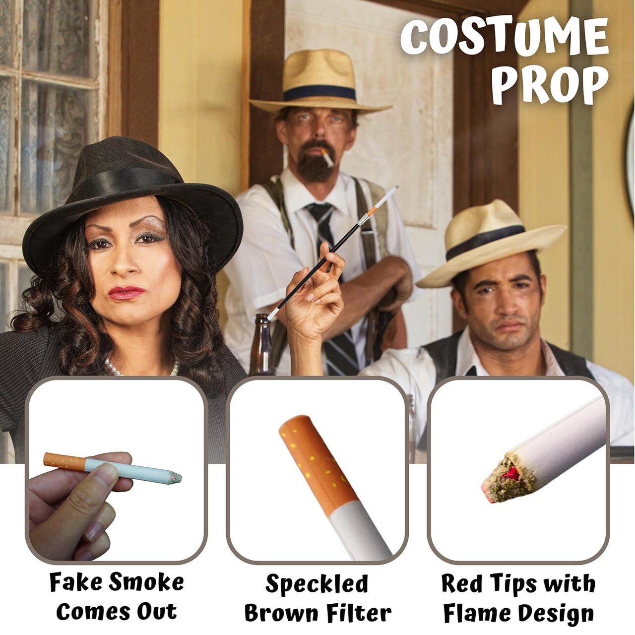 4E's Novelty 2 Long Cigarette Holders & 2 Fake Puff Cigarettes with Smoke – 1920s Flapper, Gatsby, Gangster, Theater, Movie & Halloween Costume Accessories for Women, Men, Photo Props, Stage Performance